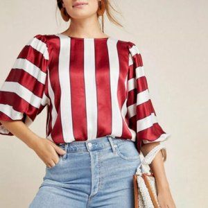 Maeve Anthropologie Maria Red Striped Balloon Sleeved Satin Blouse